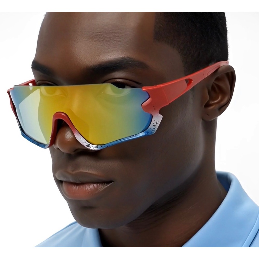 Mens Red Blue Splatter Shield Sunglasses Mirrored Gold Lens‎ Sporty Wrap Shades